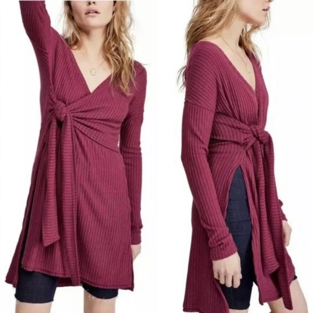 Free‎ People Burgundy Long Sleeve V Neck Tunic Top Wrap Tie